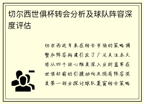 切尔西世俱杯转会分析及球队阵容深度评估