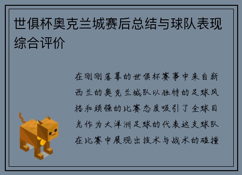 世俱杯奥克兰城赛后总结与球队表现综合评价