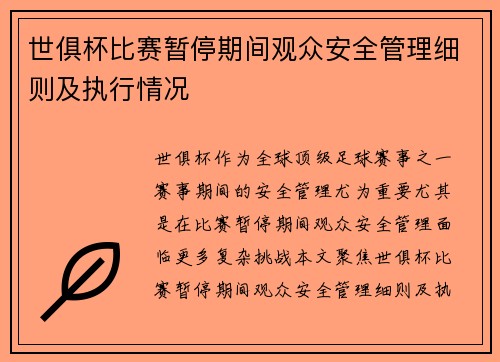 世俱杯比赛暂停期间观众安全管理细则及执行情况